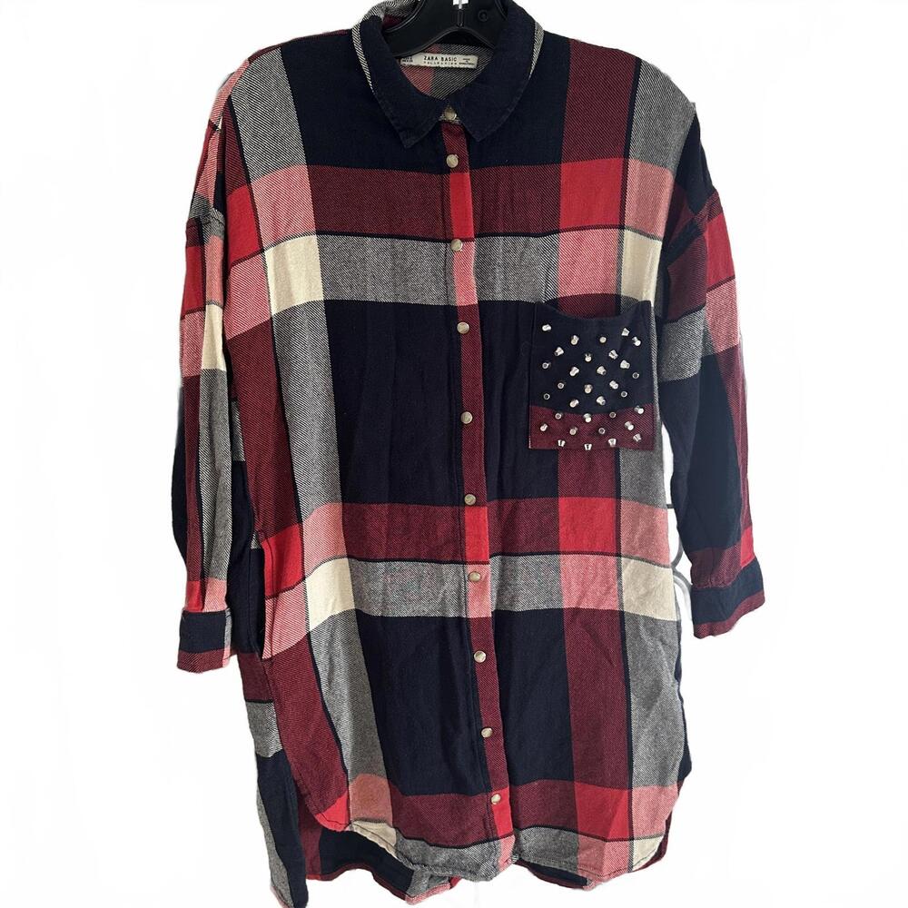 Zara Women's Basic Red Plaid Shirt  Dress with Studded Pocket - Small
